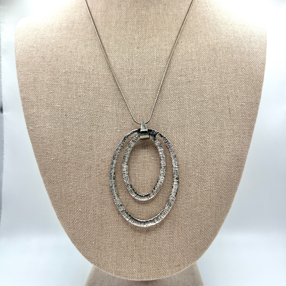Silver Tone Hammered Double Oval Hoop Pendant Long Snake Chain Necklace